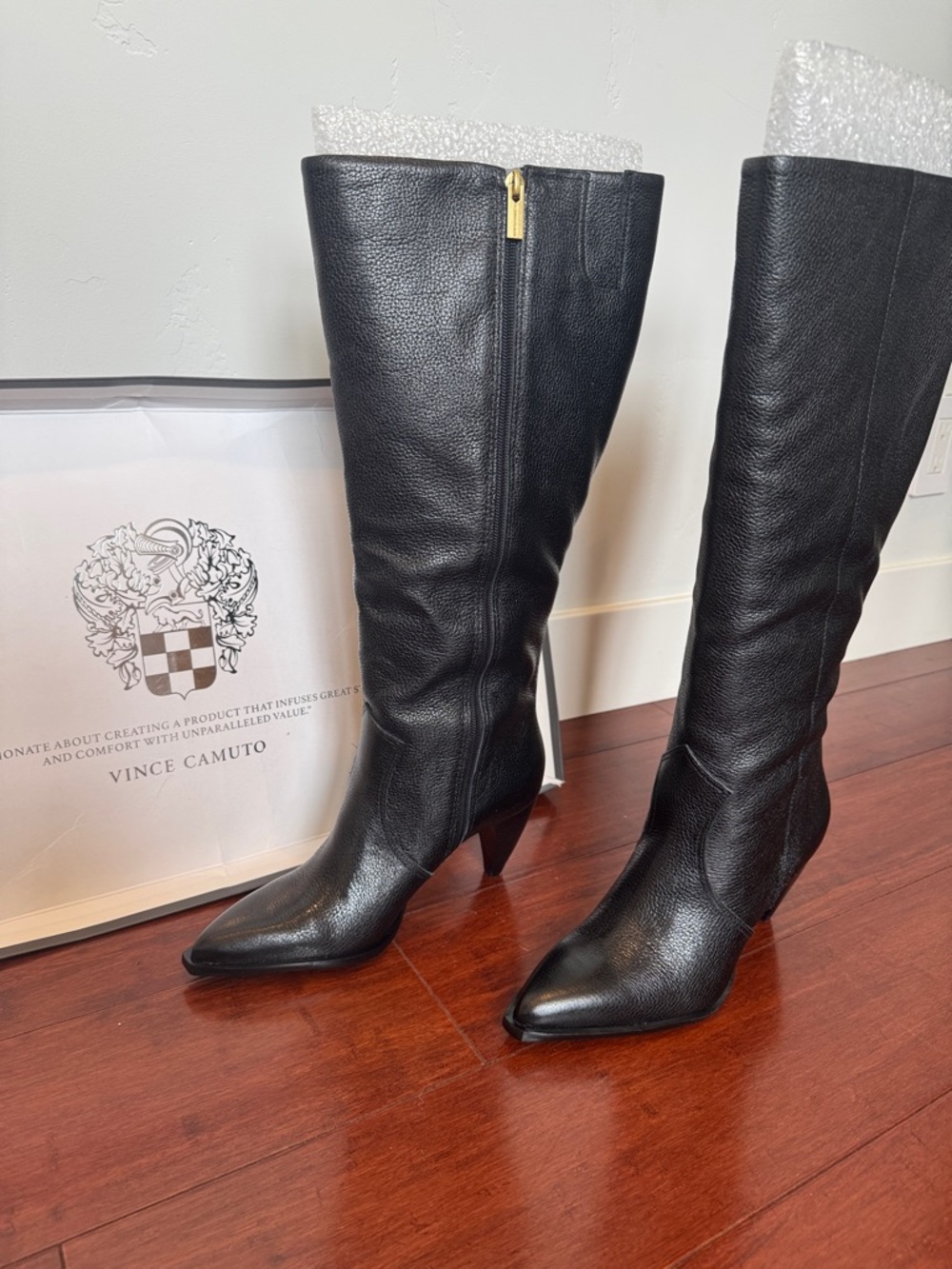 Vince Camuto Black Leather Knee-High Wide Calf Boots with Gold Zipper